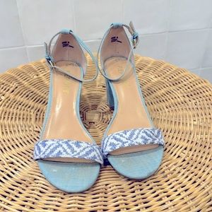 Chunky heel blue open toe sandals.
